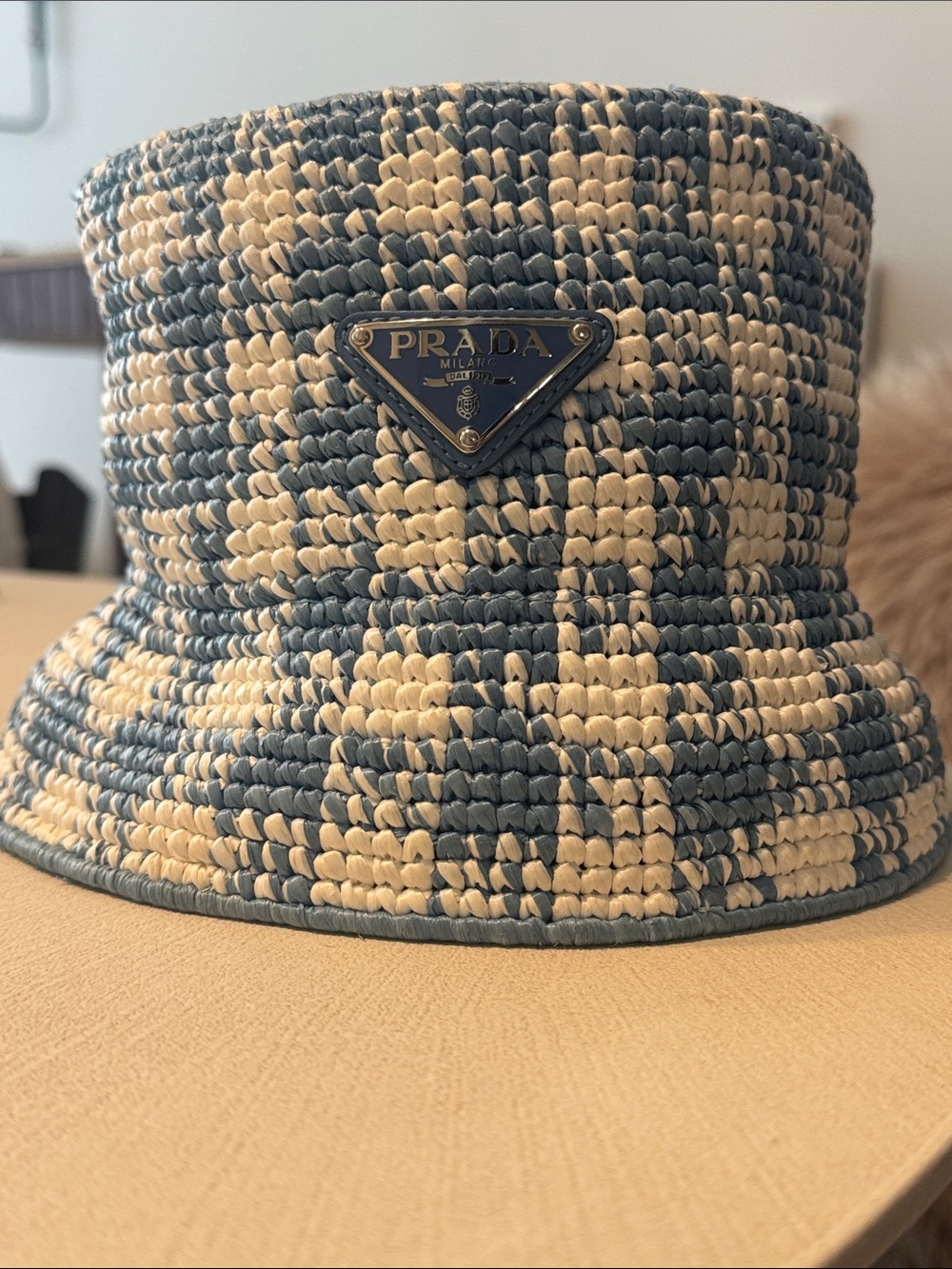 Prada Raffia Check Bucket Hat